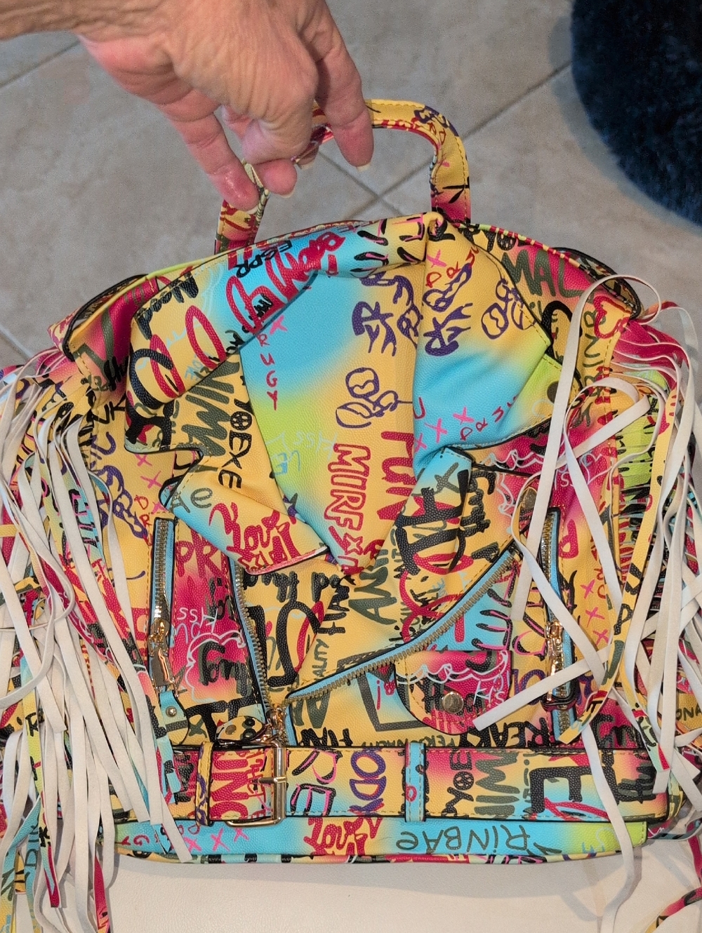 Graffiti Fringe Women's Backpack Tote - Yellow Multicolor
